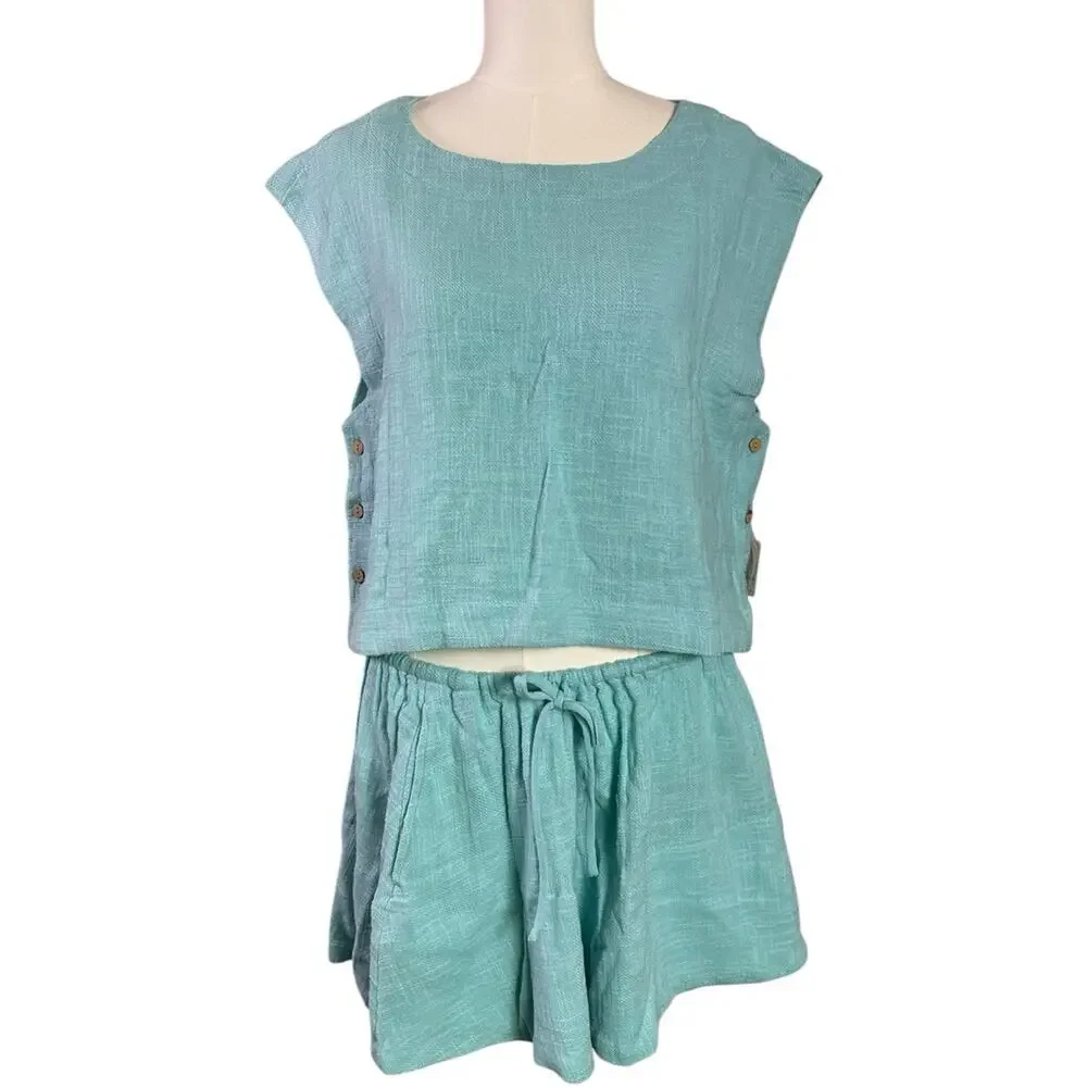 Free People Bohemian Beachy Skye Mini Skirt & Top Set Aqua Blue XS NWT